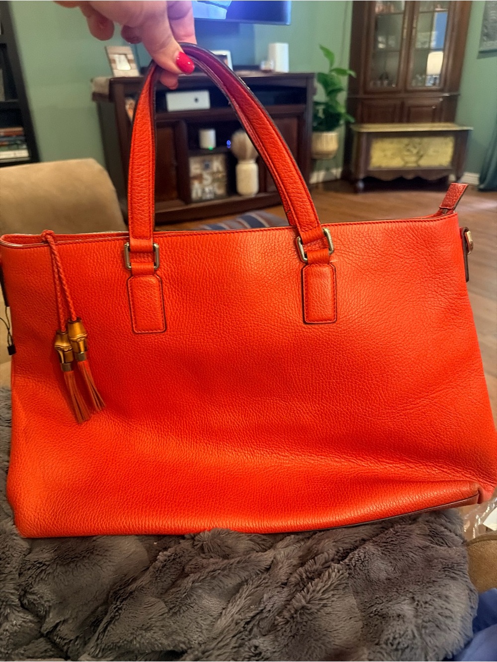 Gucci Bright Orange Leather Tote with Tassel Accent